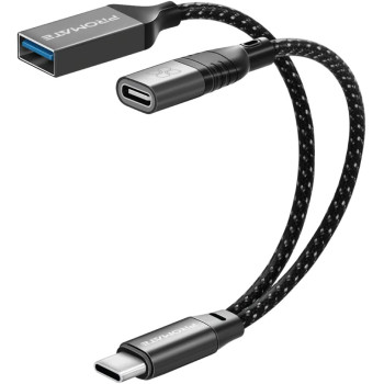 Promate USB-C OTG Media Adapter, Durable Nylon Braided Male USB-C to Female USB/USB-C Ports