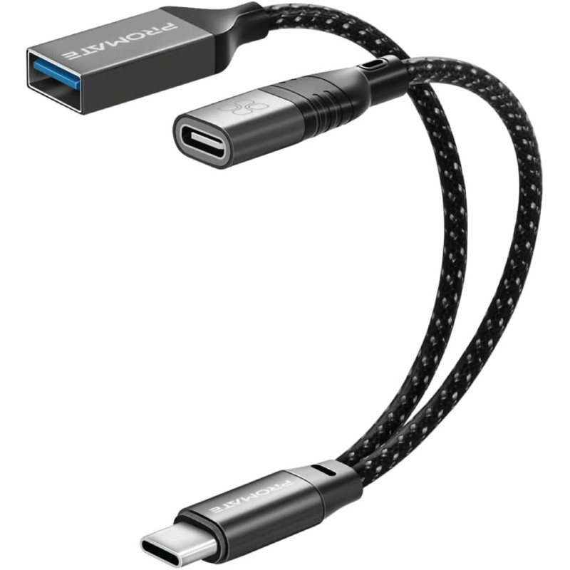 Promate USB-C OTG Media Adapter, Durable Nylon Braided Male USB-C to Female USB/USB-C Ports
