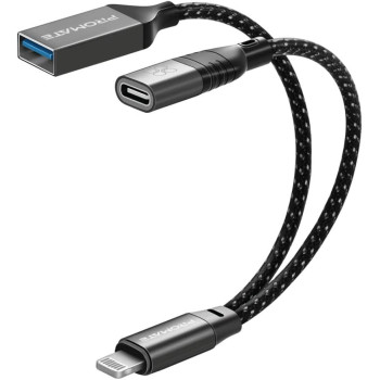 Promate OTG Data Cable, Premium Lightning Male to USB-C Female Adapter with USB Female Port
