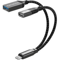 Promate OTG Data Cable, Premium Lightning Male to USB-C Female Adapter with USB Female Port
