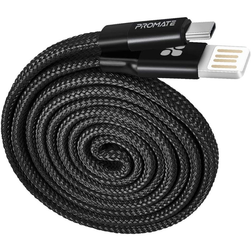Promate Coiline-C Auto-Coiling USB-C Cable, Premium Fabric Braided Aluminium Alloy (Black)