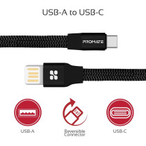 Promate Coiline-C Auto-Coiling USB-C Cable, Premium Fabric Braided Aluminium Alloy (Black)