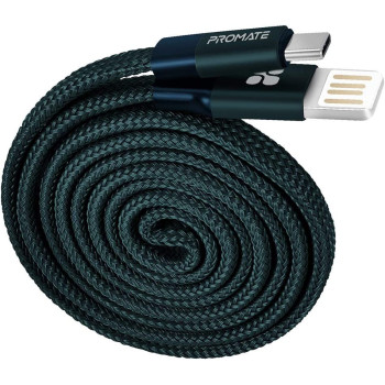 Promate Coiline-C Auto-Coiling USB-C Cable, Premium Fabric Braided Aluminium Alloy Reversible (Blue)