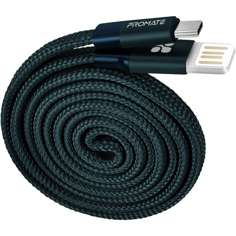 Promate Coiline-C Auto-Coiling USB-C Cable, Premium Fabric Braided Aluminium Alloy Reversible (Blue)