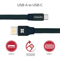 Promate Coiline-C Auto-Coiling USB-C Cable, Premium Fabric Braided Aluminium Alloy Reversible (Blue)