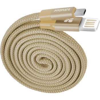 Promate Coiline-C Auto-Coiling USB-C Cable, Premium Fabric Braided (Gold)
