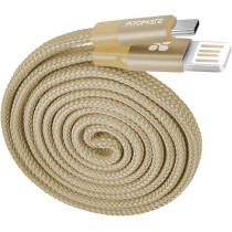 Promate Coiline-C Auto-Coiling USB-C Cable, Premium Fabric Braided (Gold)