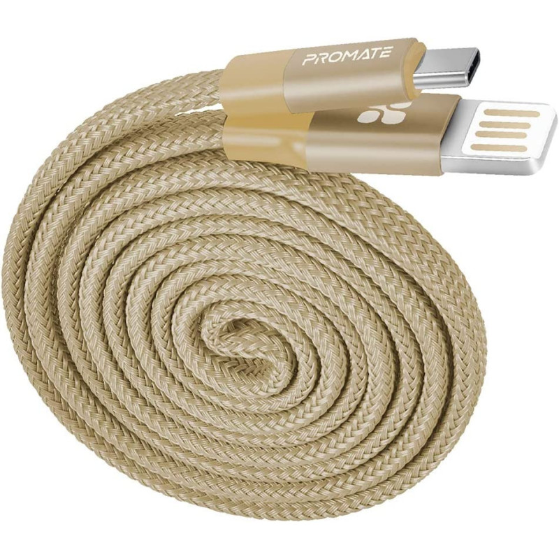 Promate Coiline-C Auto-Coiling USB-C Cable, Premium Fabric Braided (Gold)