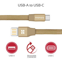 Promate Coiline-C Auto-Coiling USB-C Cable, Premium Fabric Braided (Gold)