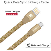 Promate Coiline-C Auto-Coiling USB-C Cable, Premium Fabric Braided (Gold)