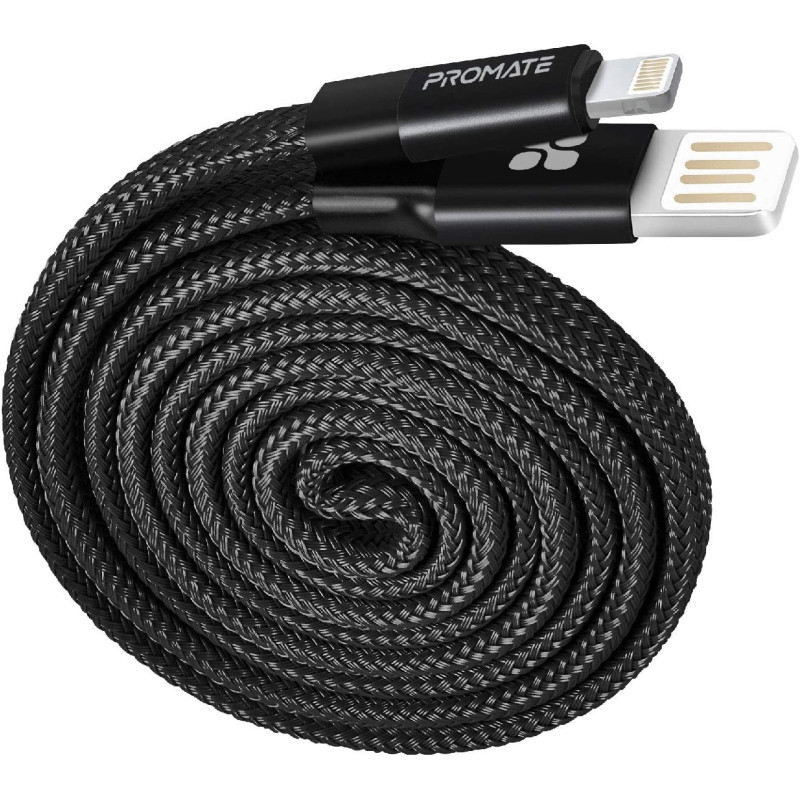 Promate Auto-Rolling Lightning Cable, Durable Aluminium Alloy Auto-Rolling Reversible(Black)