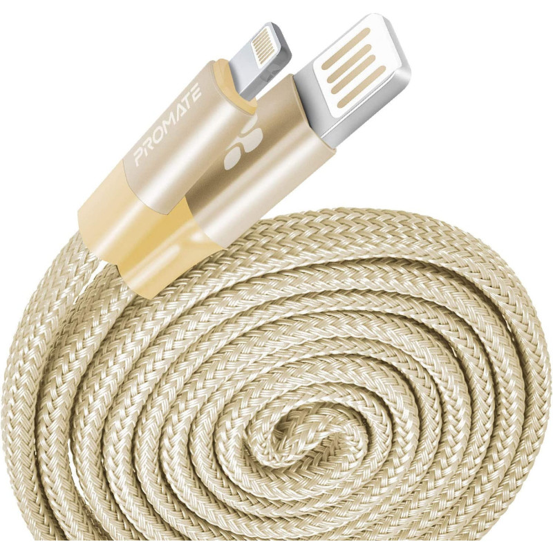 Promate Auto-Rolling Lightning Cable, Durable Aluminium Alloy Auto-Rolling Reversible (Gold)