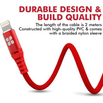 Promate USB Lightning Cable, Heavy Duty 2.4A Apple MFi Certified Fast Charging (Red)