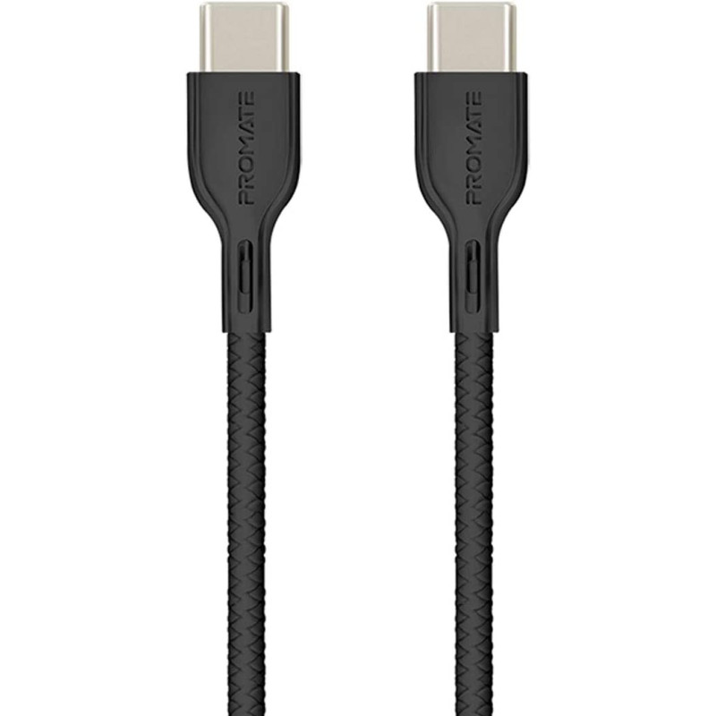 Promate USB-C to USB-C Cable, Premium 60W Power Delivery USB Type-C to Type-C 3A Sync Black