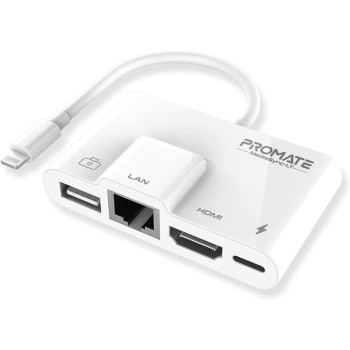 Promate Lightning Hub, 4-in-1 Premium Multimedia Adapter with 1080p HDMI Port, 10/100 Mbps