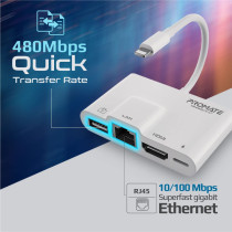 Promate Lightning Hub, 4-in-1 Premium Multimedia Adapter with 1080p HDMI Port, 10/100 Mbps