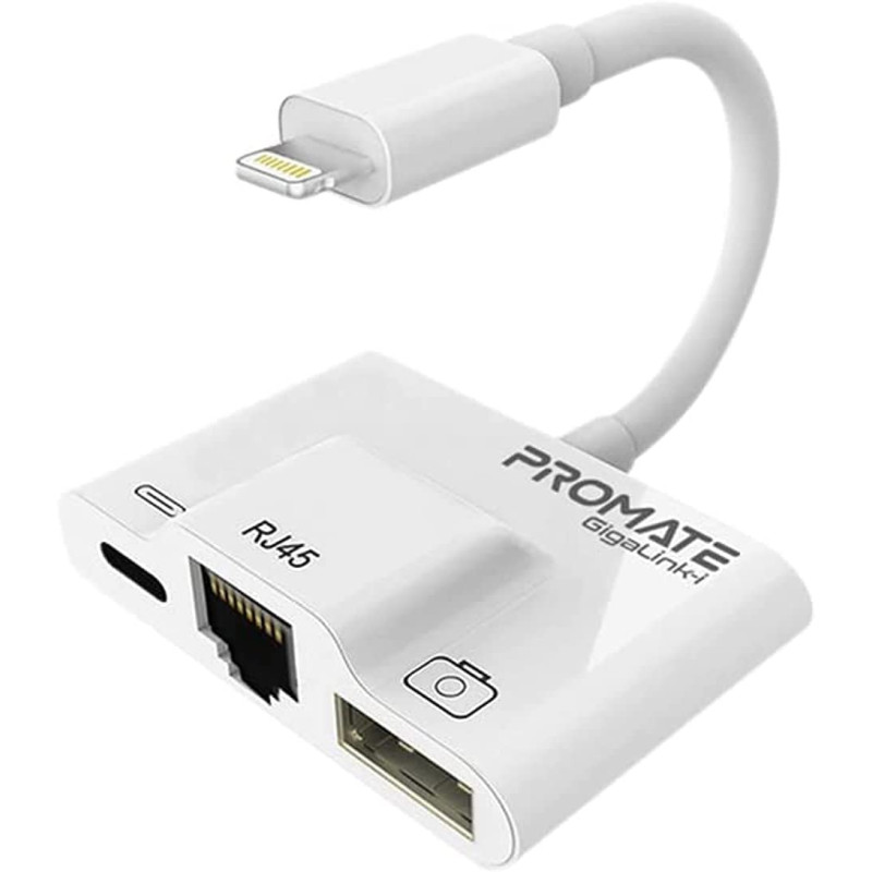 Promate Lightning Hub 3 in 1 RJ45 Ethernet LAN Wired Network Adapter, GigaLink-i.White