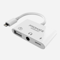 Promate Lightning Hub, 3-In-1 Lightning to 3.5mm Headphone Audio, USB Camera OTG Adapter White