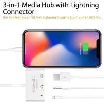 Promate Lightning Hub, 3-In-1 Lightning to 3.5mm Headphone Audio, USB Camera OTG Adapter White