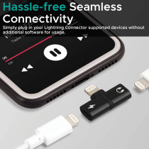 Promate Lightning Splitter Adapter, Premium 2-In-1 Lightning to Headphone Audio and Sync Charging Black
