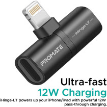 Promate Lightning Splitter Adapter, Premium 2-In-1 Lightning to Headphone Audio and Sync Charging Black