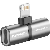 Promate iHinge-LT.GREY Lightning Splitter Adapter,Premium 2in1 Lightning to Headphone Audio&Sync, Grey