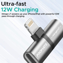 Promate iHinge-LT.GREY Lightning Splitter Adapter,Premium 2in1 Lightning to Headphone Audio&Sync, Grey