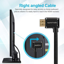 Promate 4K HDMI cable, 4K Ultra HD 150cm Mesh-Armored HDMI Cable with Right Angled Gold-Plated