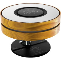 Promate Bedside Desk Lamp with Wireless Charger, Stylish Wooden Design 10W True Wireless Speaker with Digital Clock