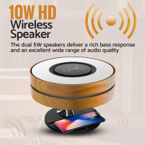 Promate Bedside Desk Lamp with Wireless Charger, Stylish Wooden Design 10W True Wireless Speaker with Digital Clock