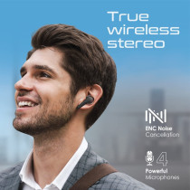Promate Bluetooth Earbuds, Ergonomic-Fit True Wireless ENC Headphone with 4 Built-In Noise Cancelling Mics, Black