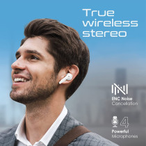 Promate Bluetooth Earbuds, Ergonomic-Fit True Wireless ENC Headphone with 4 Built-In Noise Cancelling Mics, 22h Playtime, White