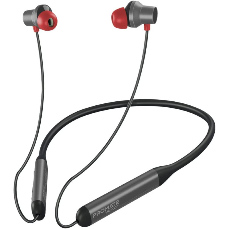 Promate Wireless Neckband Earphones, HD Active Noise Cancelling, Velcon Black