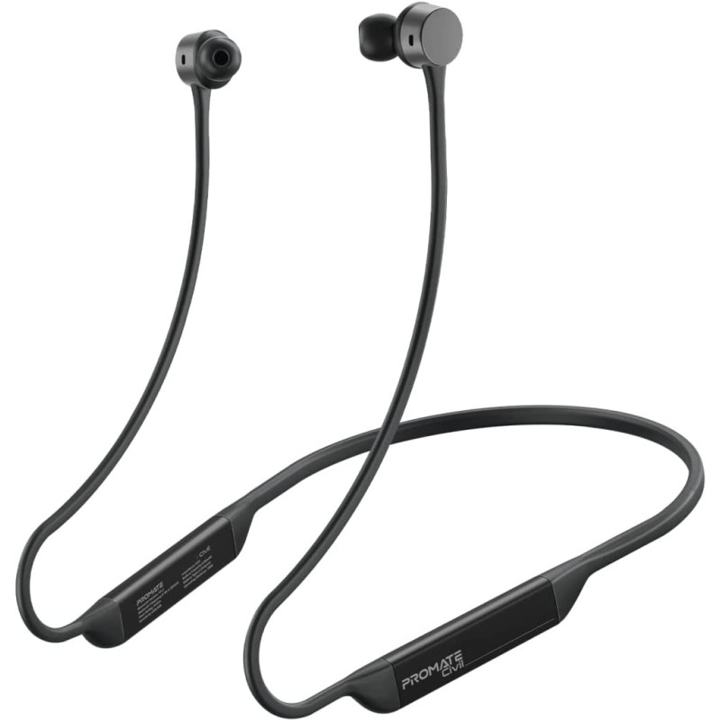 Promate Wireless Neckband Earphones, Hi-Fi Lightweight Wireless Bluetooth Earphones, Civil Black