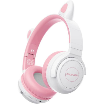Promate Kids Wireless Bluetooth Headphones, Kawaii Style Wired/Wireless Foldable Headphones, Panda, Bubblegum