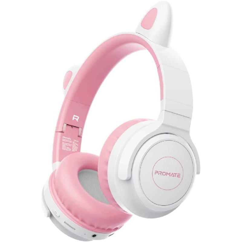 Promate Kids Wireless Bluetooth Headphones, Kawaii Style Wired/Wireless Foldable Headphones, Panda, Bubblegum
