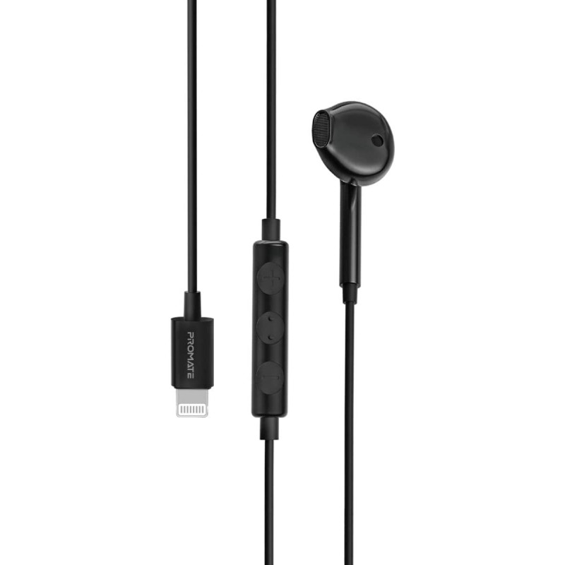 Promate Earbuds with Lightning Connector, In-Ear Apple MFi Certified Mono Earphone, Black
