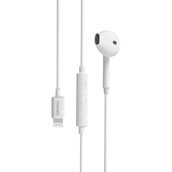 Promate Earbuds with Lightning Connector, In-Ear Apple MFi Certified Mono Earphone, White