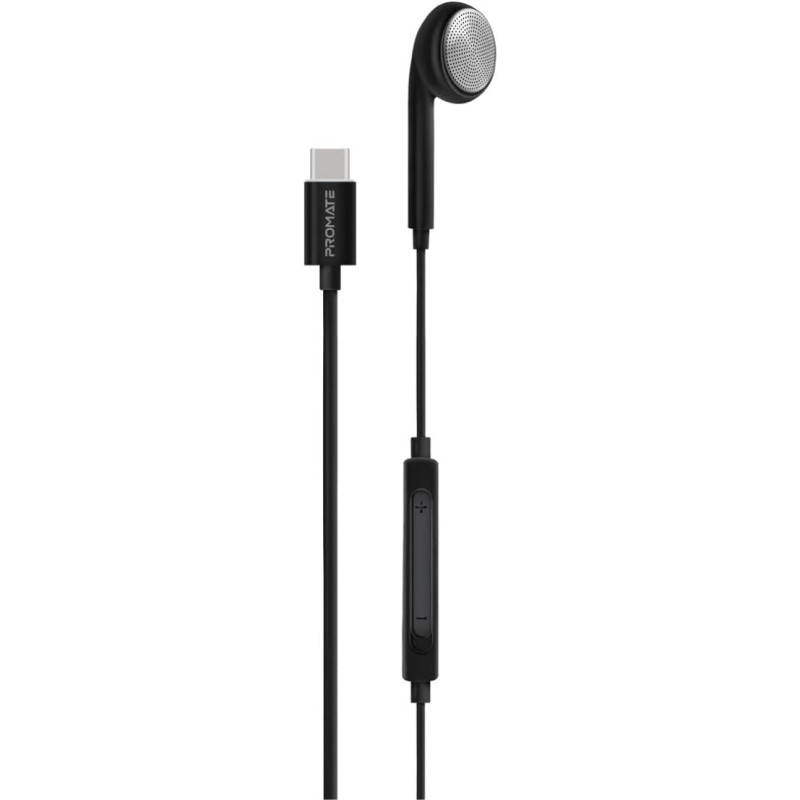 Promate Earbuds with USB-C Connector, Ergonomic In-Ear USB-C HD Mono Earphone with Mic, Black