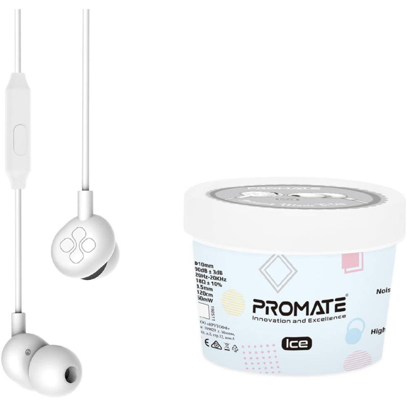 Promate In-Ear Headphones, Premium Audio Enhanced Wired Earphones with Dynamic HD Driver, ICE White