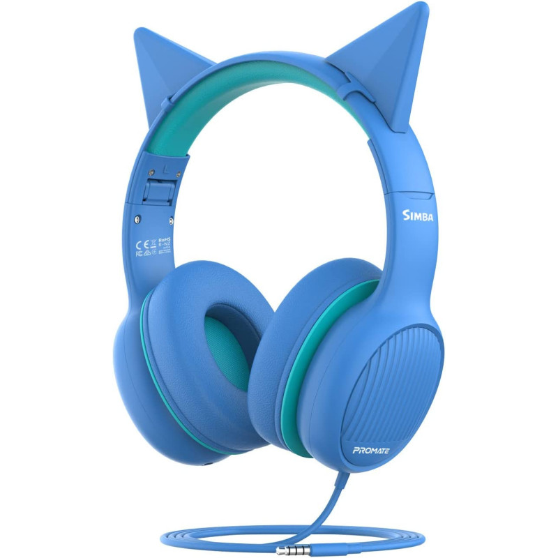 Promate Kids Headphones, On-Ear Foldable Wired Headset with Safe Volume Limited, Simba Aqua