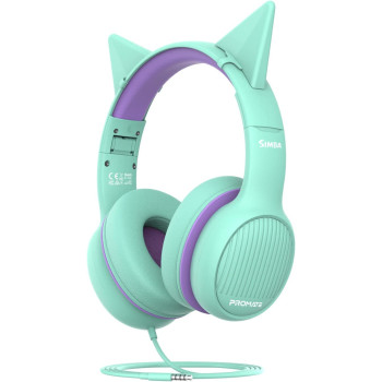 Promate Kids Headphones, On-Ear Foldable Wired Headset with Safe Volume Limited to 85dB, Simba Emerald
