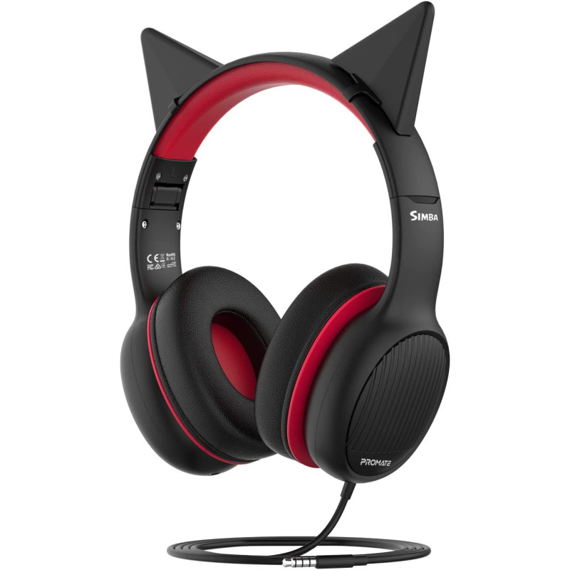 Promate Kids Headphones, Detachable Cat Ears and Soft Earmuffs, Simba Onyx