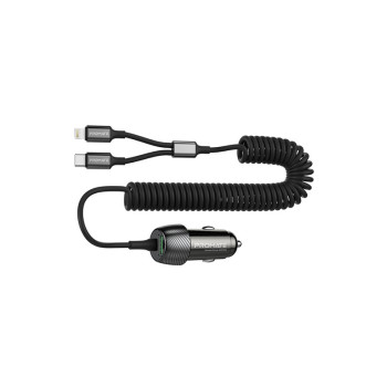 Promate Car Charger with Cable, 33W Power Delivery DC Charger with Built-In Lightning Charging Coiled Cord
