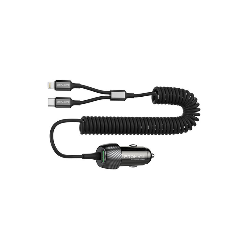 Promate Car Charger with Cable, 33W Power Delivery DC Charger with Built-In Lightning Charging Coiled Cord