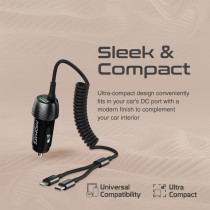 Promate Car Charger with Cable, 33W Power Delivery DC Charger with Built-In Lightning Charging Coiled Cord