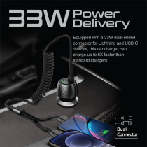 Promate Car Charger with Cable, 33W Power Delivery DC Charger with Built-In Lightning Charging Coiled Cord