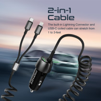 Promate Car Charger with Cable, 33W Power Delivery DC Charger with Built-In Lightning Charging Coiled Cord
