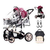 Teknum 3 in 1 Pram stroller - Wine + Sunveno Diaper Bag Black + Hooks