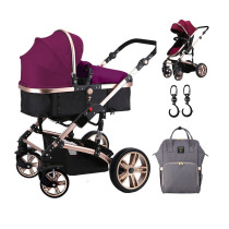 Teknum 3 in 1 Pram Stroller - Wine + Sunveno Diaper Bag Grey + Hooks